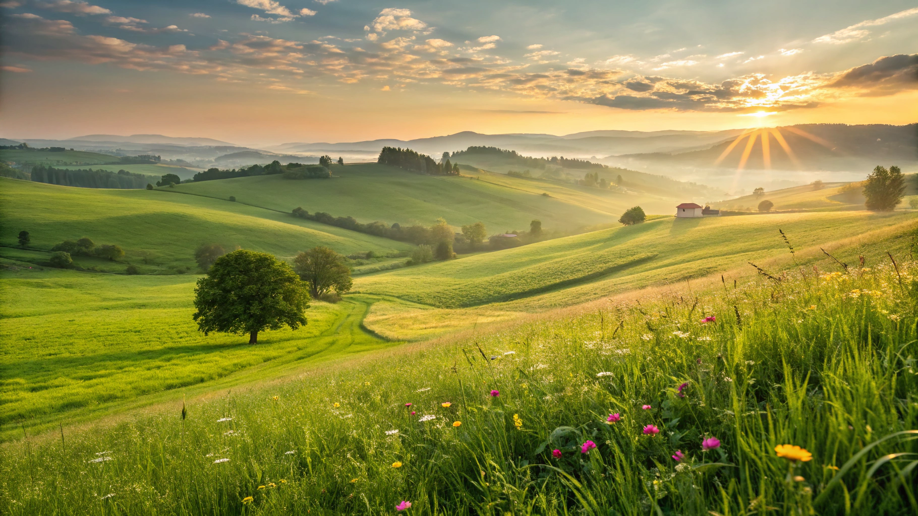 Panoramic view of regenerative farmland at dawn