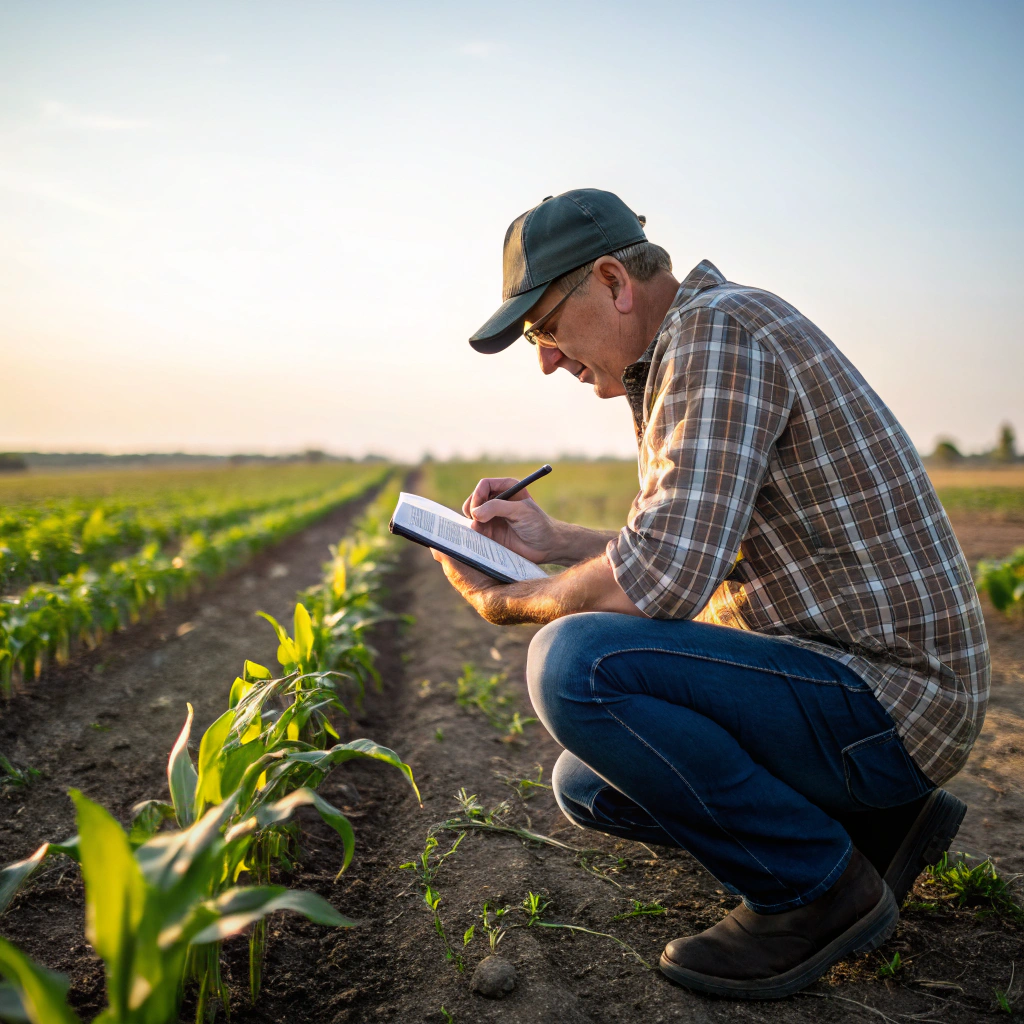 Agronomist analyzing soil samples in a vast regenerative farmland